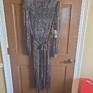 Jessica Howard-Metallic striped gold, green, copper A line dress belted S 14 NWT